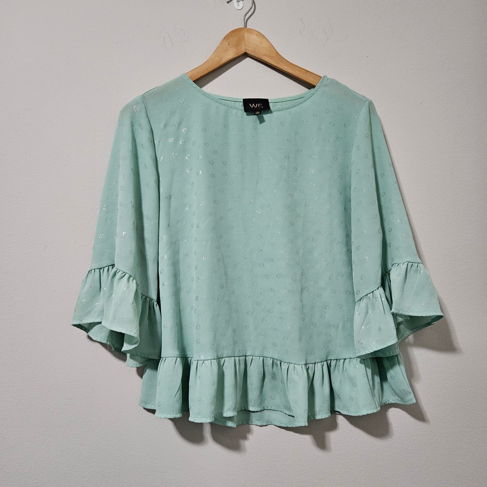 W5 Womens Mint Green Metallic Floral Ruffle Bell Sleeve Peplum Blouse Size M